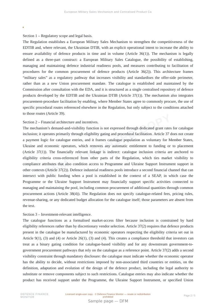 Sample page from “European Military Sales Mechanism and Centralised Product Catalogue: Inclusion Criteria as Market-Access Constraints” — 6-page report