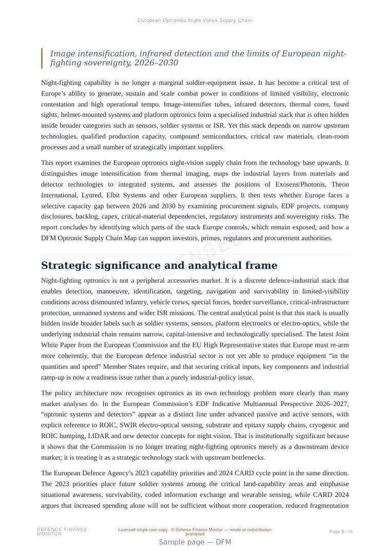 Sample page from “European Optronics Night Vision Supply Chain” — 15-page report