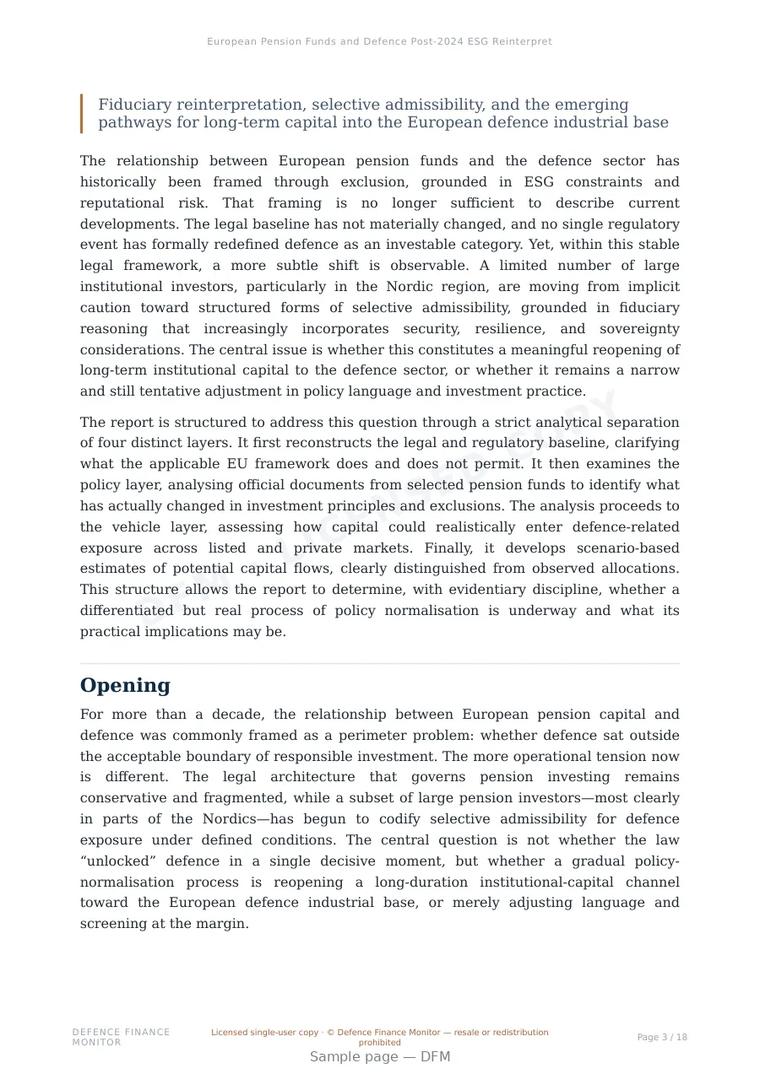 Sample page from “European Pension Funds and Defence Post-2024 ESG Reinterpretation and the Gradual Reopening of Institutional Capital” — 19-page report