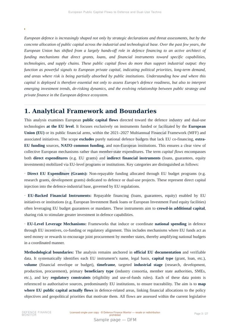 Sample page from “European Public Capital Flows to Defence and Dual-Use Technologies (EU Level, 2021–2027)” — 28-page report