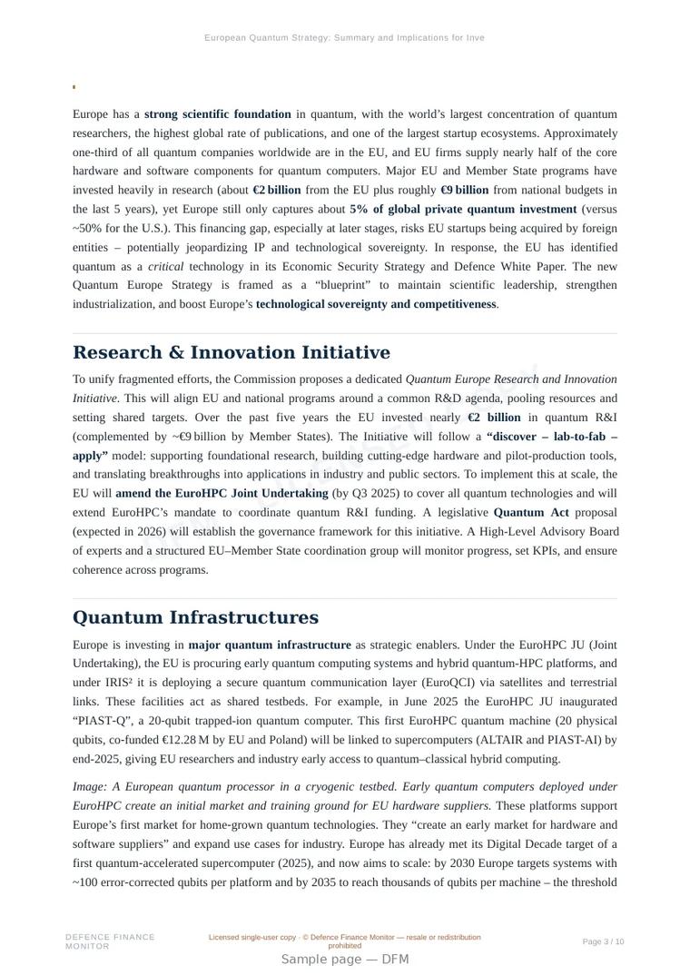 Sample page from “European Quantum Strategy: Summary and Implications for Investors and Industry” — 11-page report
