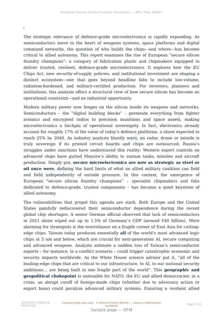Sample page from “European Secure Silicon Foundry Champions — Why They Matter for Allied Autonomy” — 12-page report