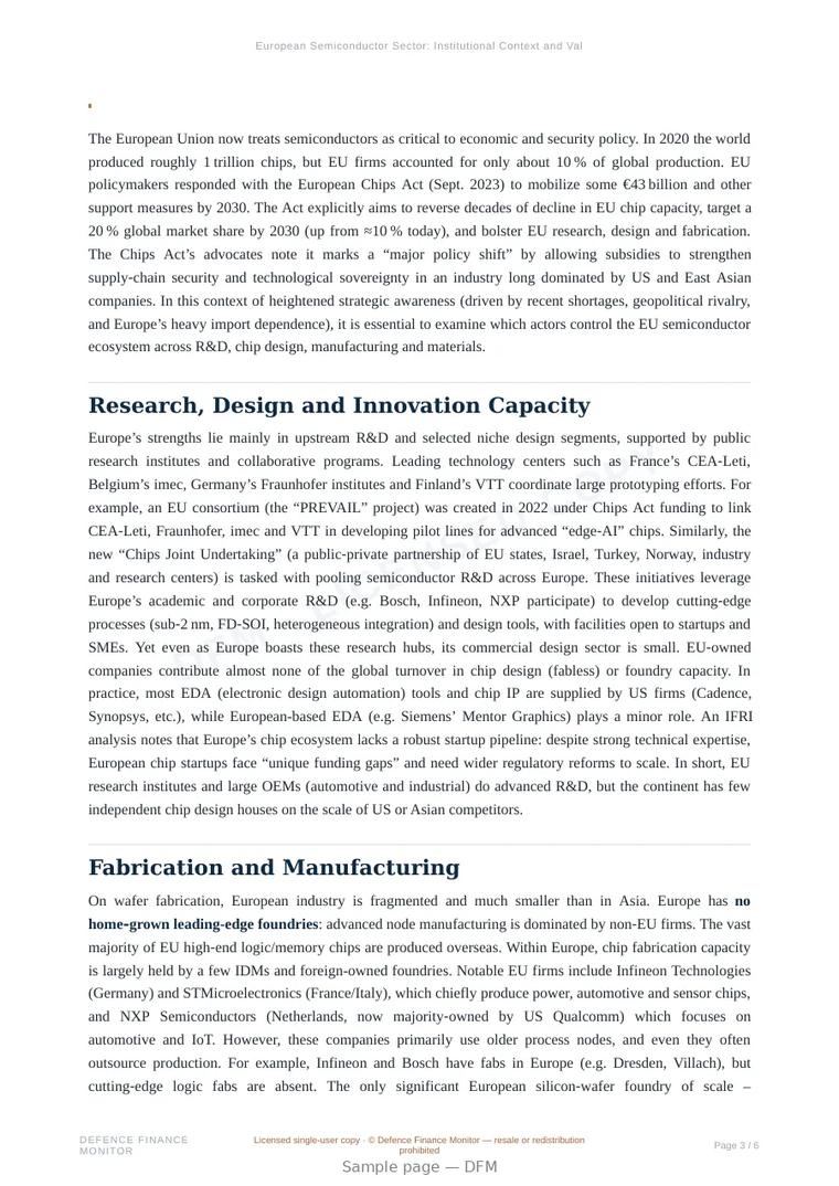 Sample page from “European Semiconductor Sector: Institutional Context and Value‑Chain Control” — 7-page report