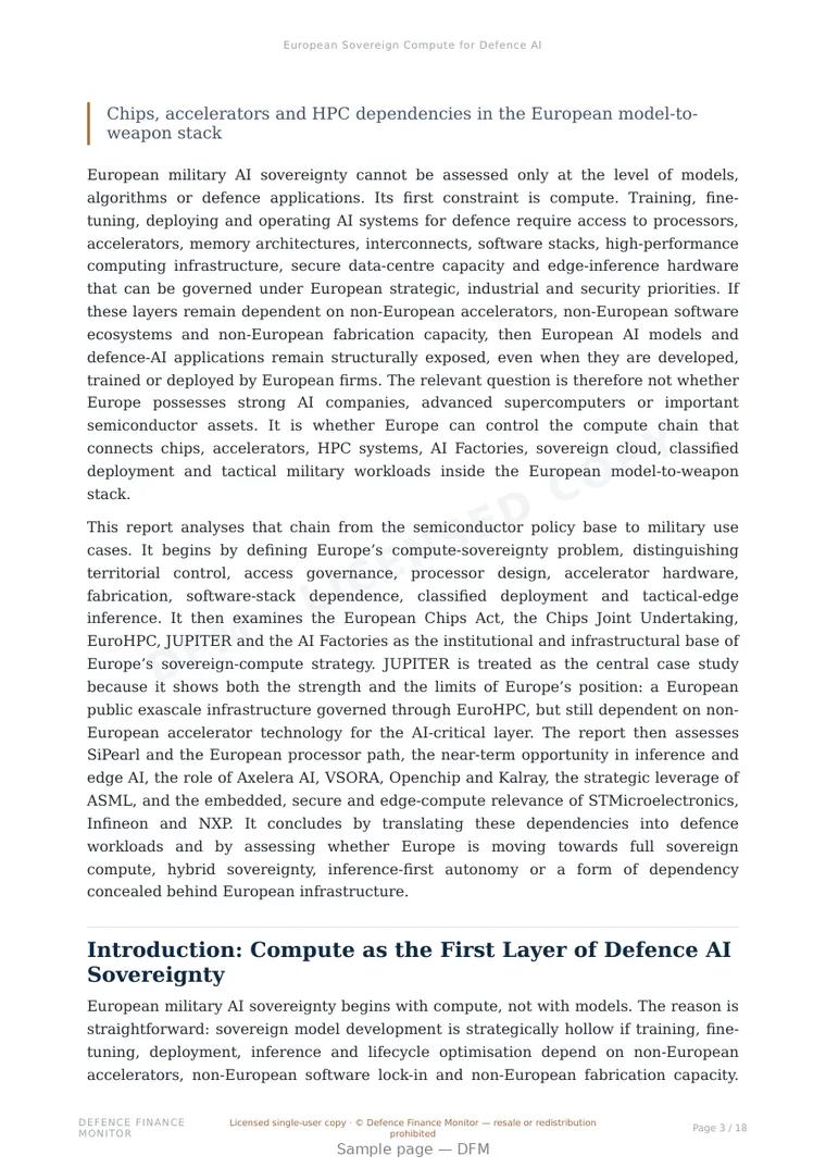 Sample page from “European Sovereign Compute for Defence AI” — 19-page report