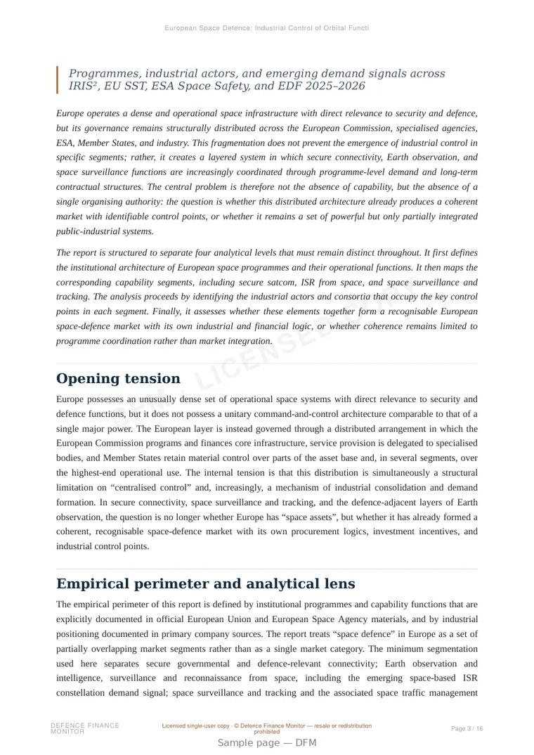Sample page from “European Space Defence: Industrial Control of Orbital Functions and the Formation of a European Dual-Use Space Market” — 17-page report