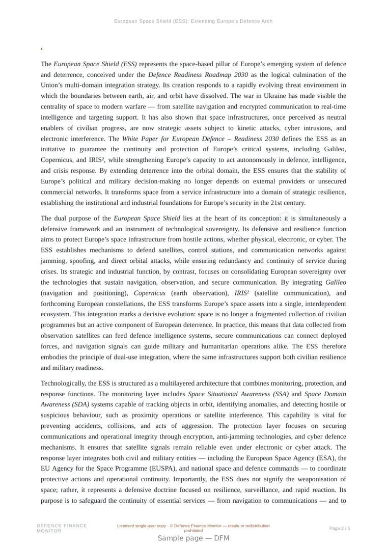Sample page from “European Space Shield (ESS): Extending Europe’s Defence Architecture into Orbit” — 6-page report