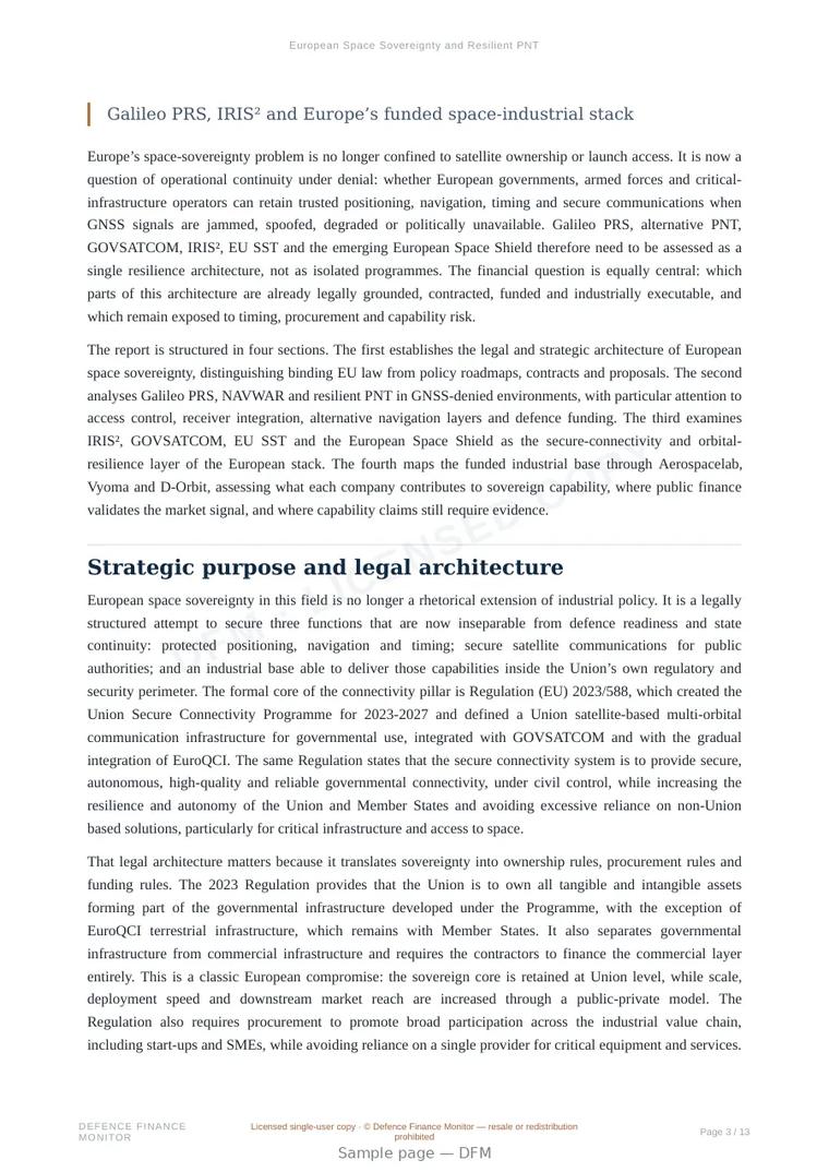 Sample page from “European Space Sovereignty and Resilient PNT” — 14-page report