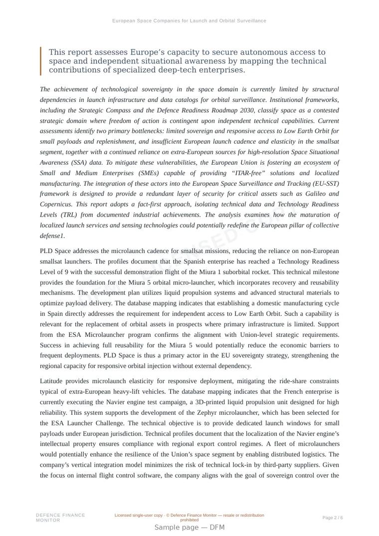 Sample page from “European Space Companies for Launch and Orbital Surveillance” — 7-page report