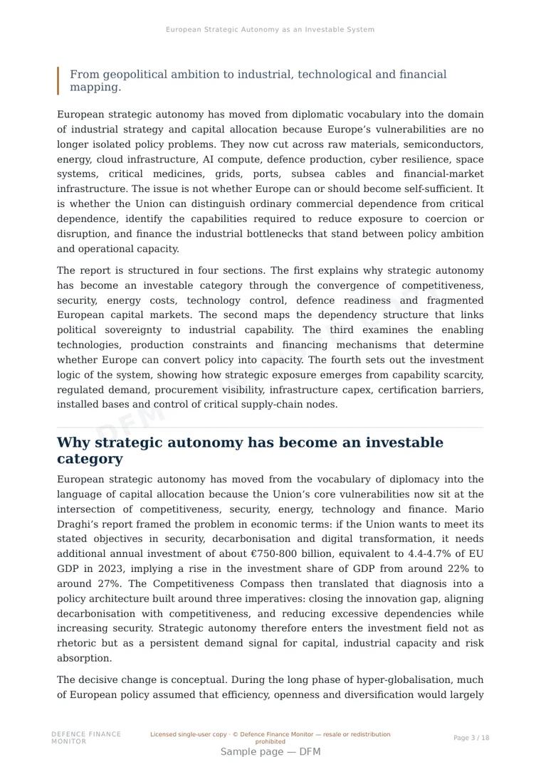 Sample page from “European Strategic Autonomy as an Investable System” — 19-page report
