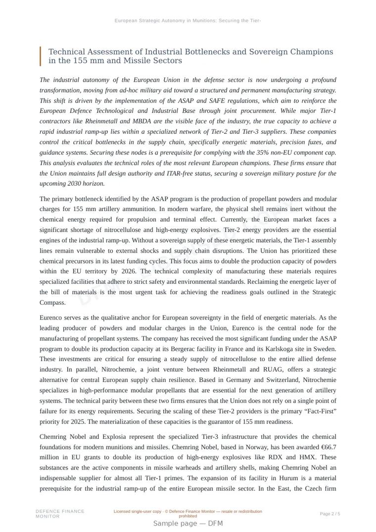Sample page from “European Strategic Autonomy in Munitions: Securing the Tier-2 and Tier-3 Supply Chain” — 6-page report