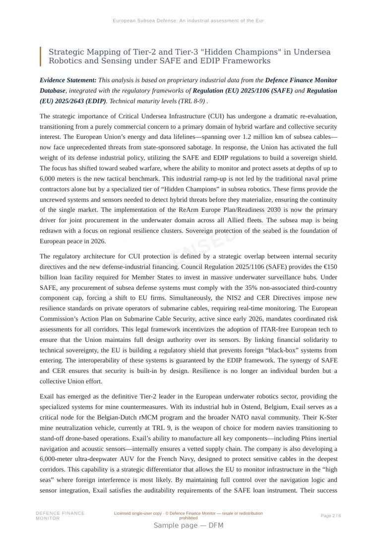 Sample page from “European Subsea Defense: An industrial assessment of the European subsea sector (Hidden Champions)” — 7-page report