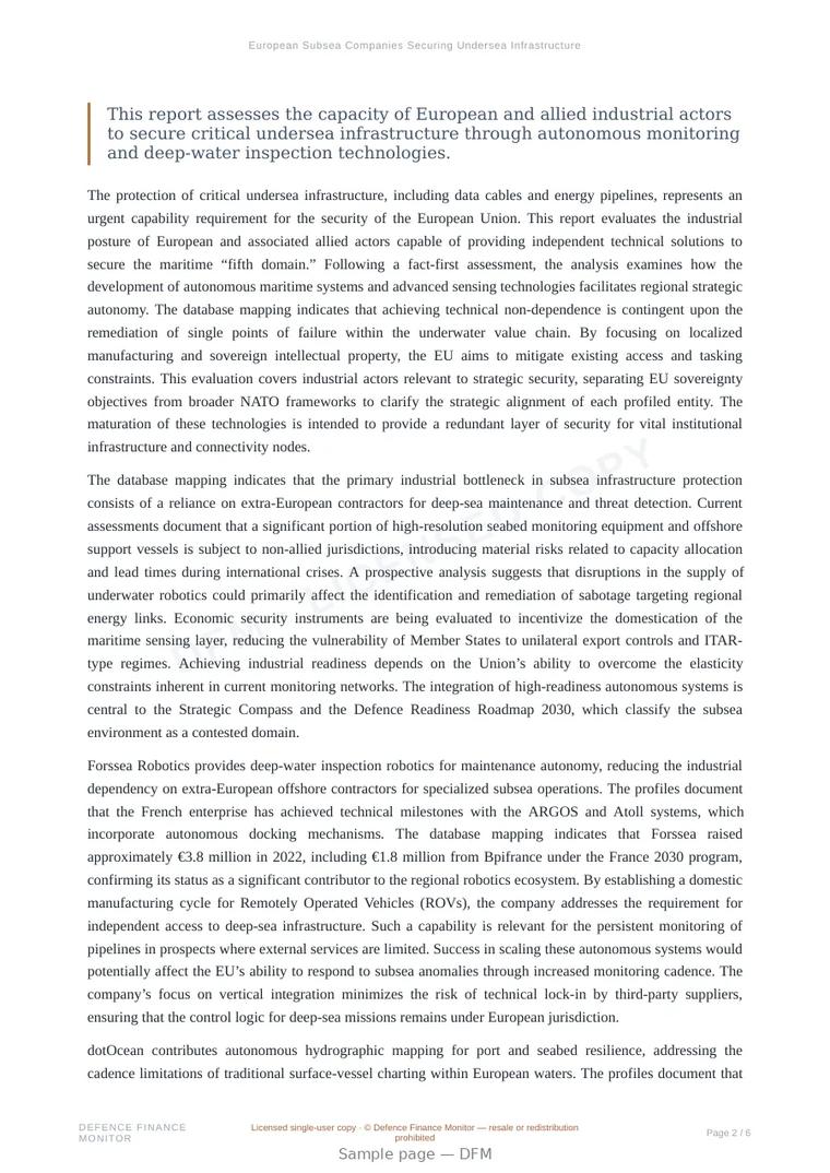 Sample page from “European Subsea Companies Securing Undersea Infrastructure” — 7-page report