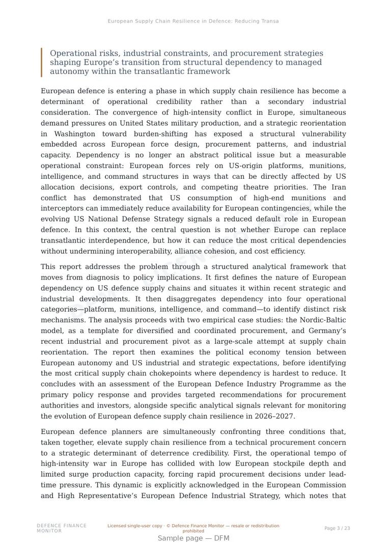 Sample page from “European Supply Chain Resilience in Defence: Reducing Transatlantic Dependency Without Decoupling” — 24-page report