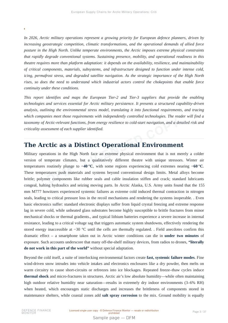 Sample page from “European Supply Chains for Arctic Military Operations: Critical Technologies and Independent Suppliers in 2026” — 38-page report