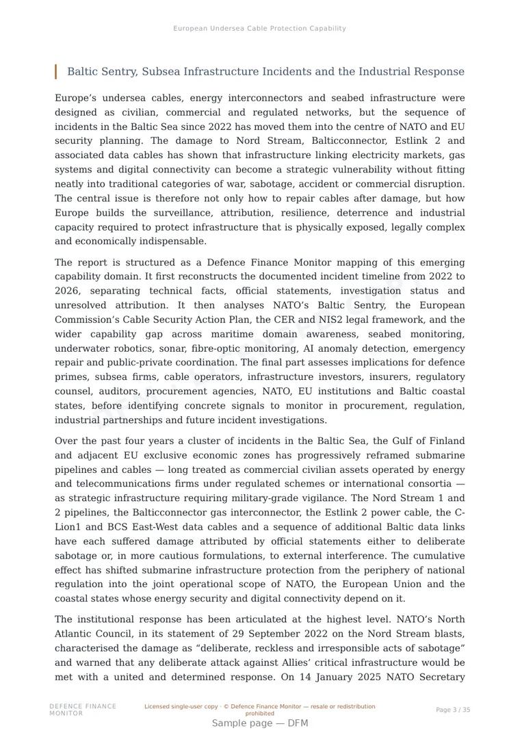 Sample page from “European Undersea Cable Protection Capability” — 36-page report
