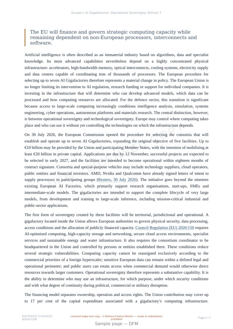 Sample page from “Europe’s AI Gigafactories: Operational Sovereignty Without Technological Control” — 8-page report