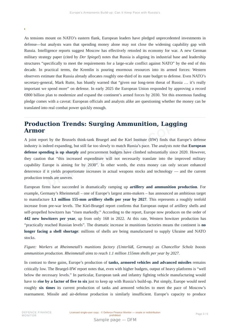 Sample page from “Europe’s Armaments Build-up: Can It Keep Pace with Russia’s Threat?” — 7-page report