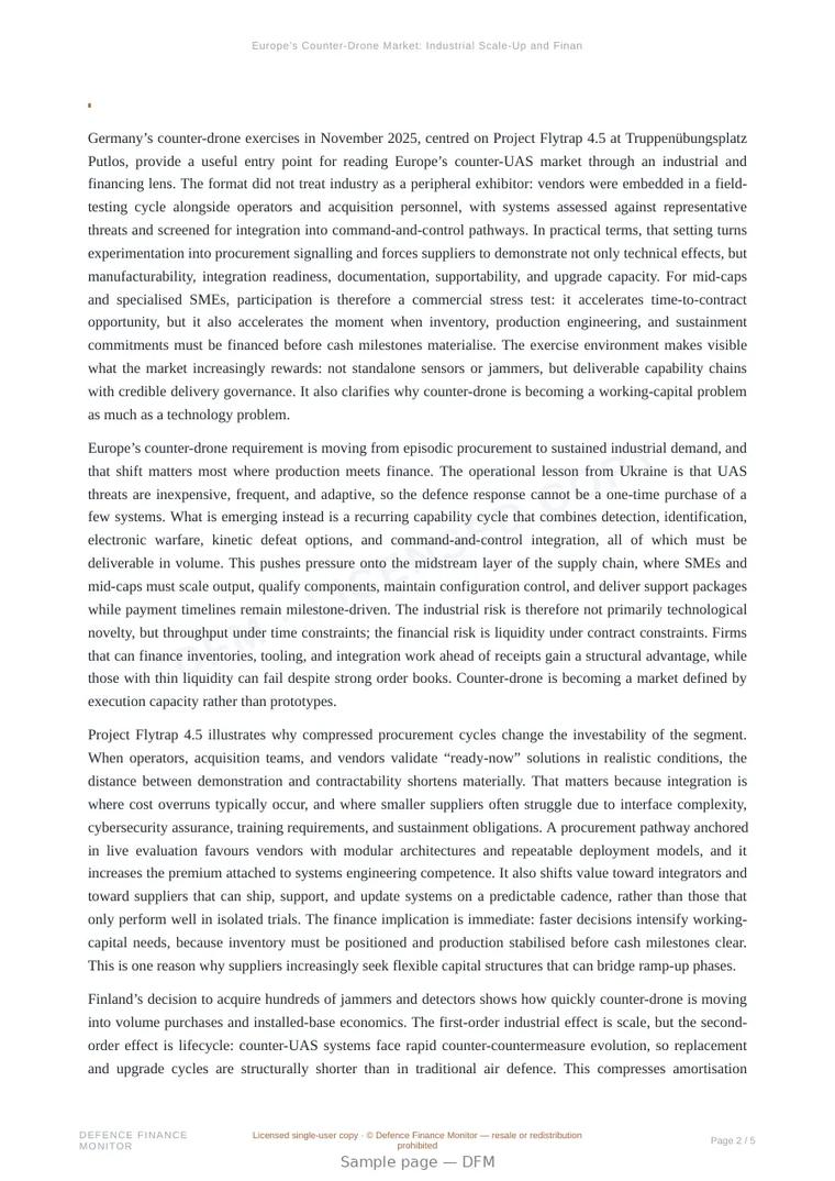 Sample page from “Europe’s Counter-Drone Market: Industrial Scale-Up and Financing Frictions” — 6-page report