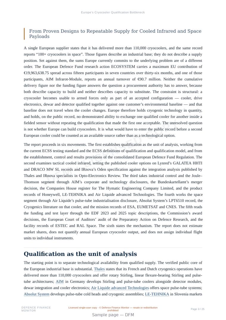 Sample page from “Europe’s Cryocooler Qualification Bottleneck” — 26-page report