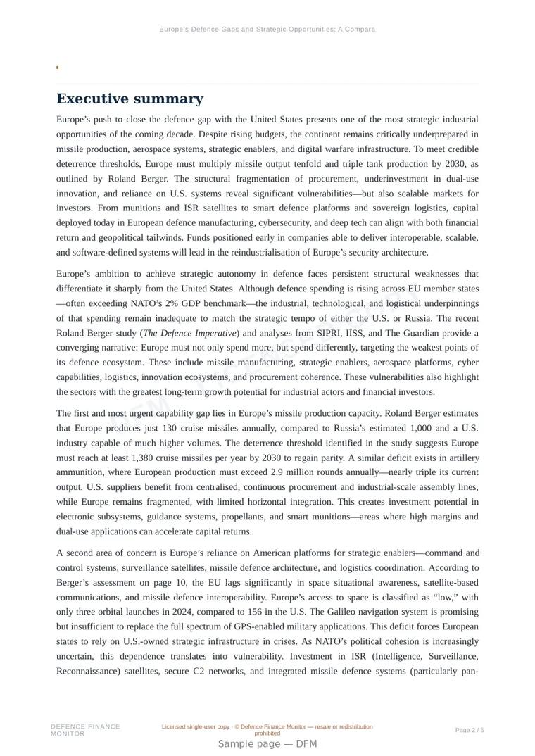 Sample page from “Europe’s Defence Gaps and Strategic Opportunities: A Comparative Analysis with the United States” — 6-page report