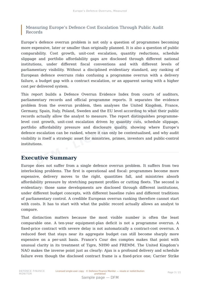 Sample page from “Europe’s Defence Overruns, Measured” — 22-page report