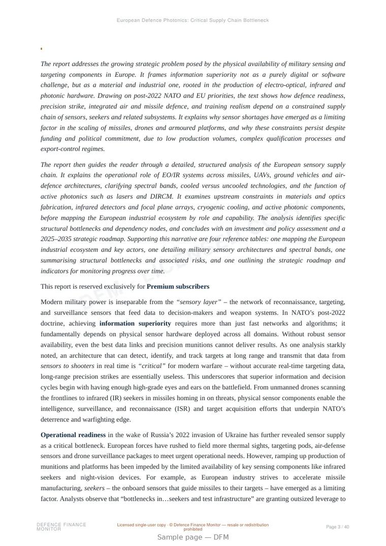 Sample page from “European Defence Photonics: Critical Supply Chain Bottlenecks in Optics & Infrared Sensors” — 41-page report