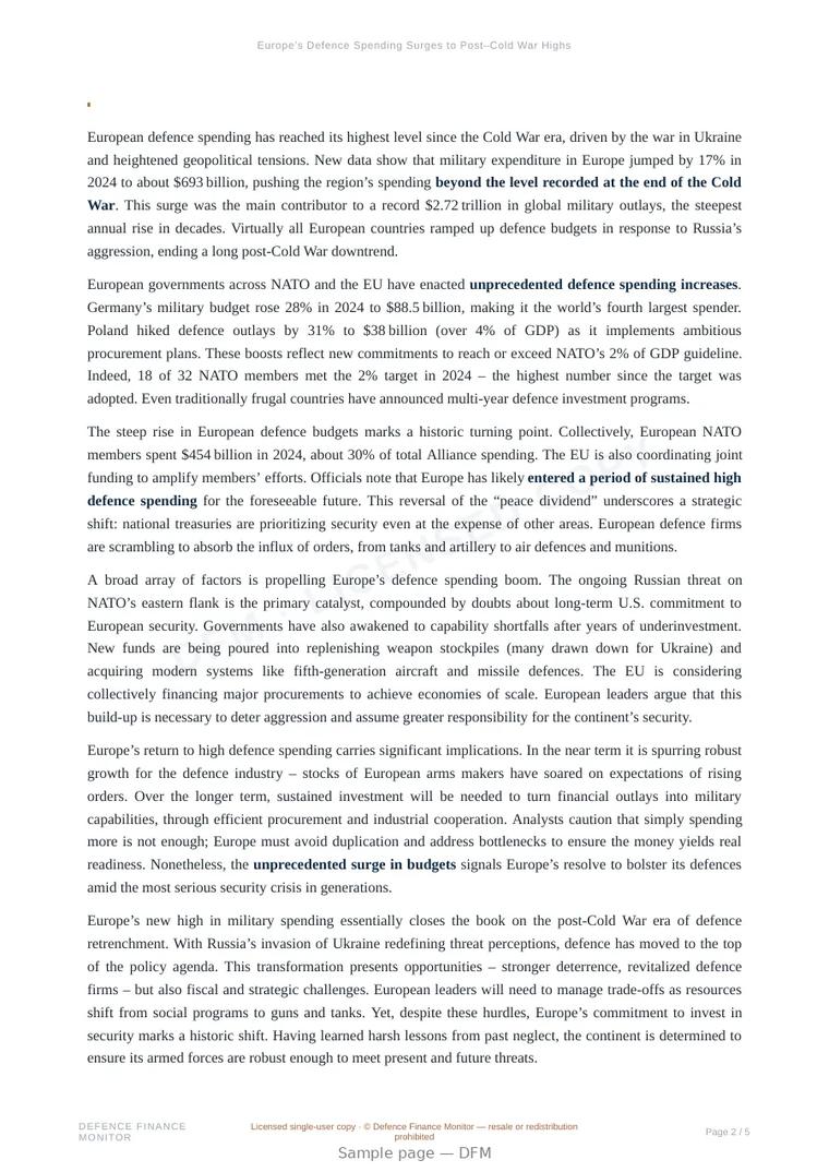 Sample page from “Europe’s Defence Spending Surges to Post–Cold War Highs” — 6-page report