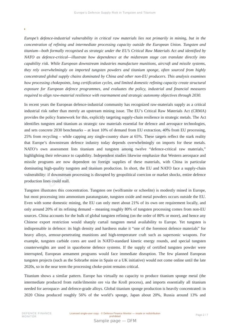 Sample page from “Europe’s Defence Supply Risk in Tungsten and Titanium” — 8-page report