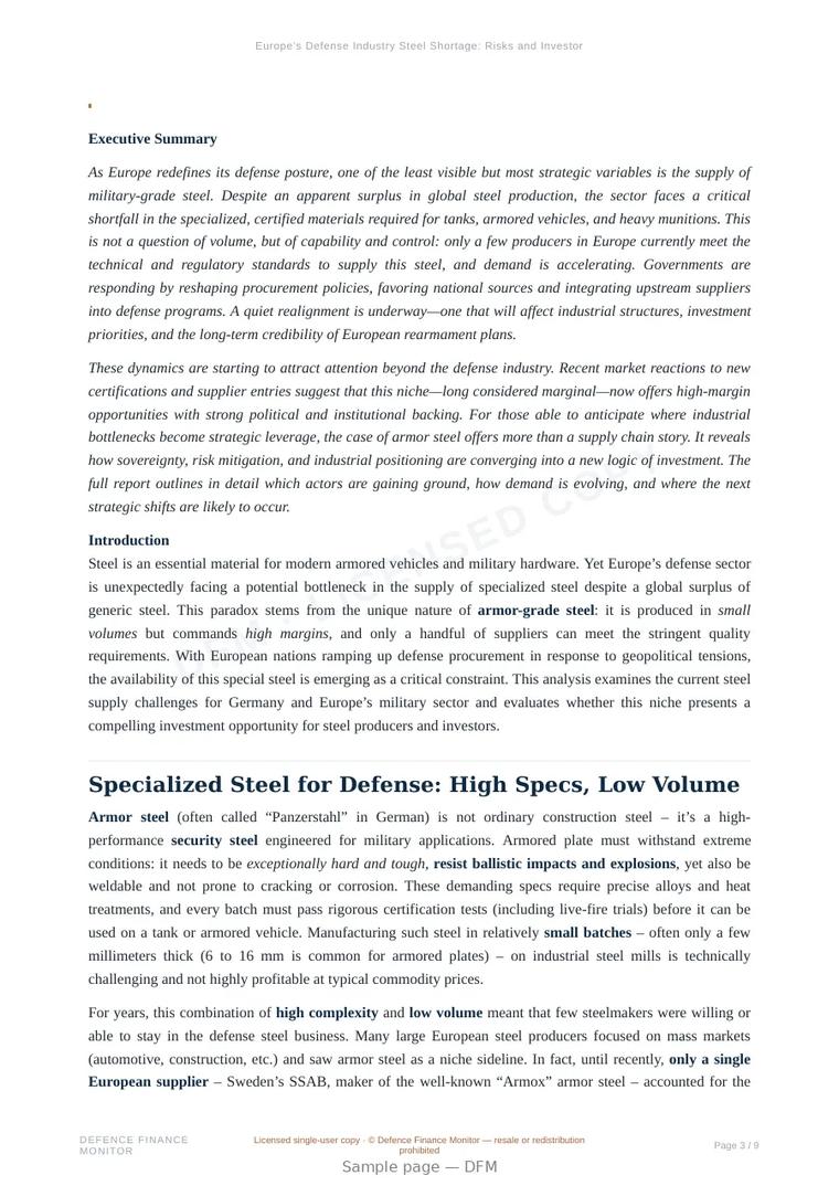 Sample page from “Europe’s Defense Industry Steel Shortage: Risks and Investor Outlook” — 10-page report