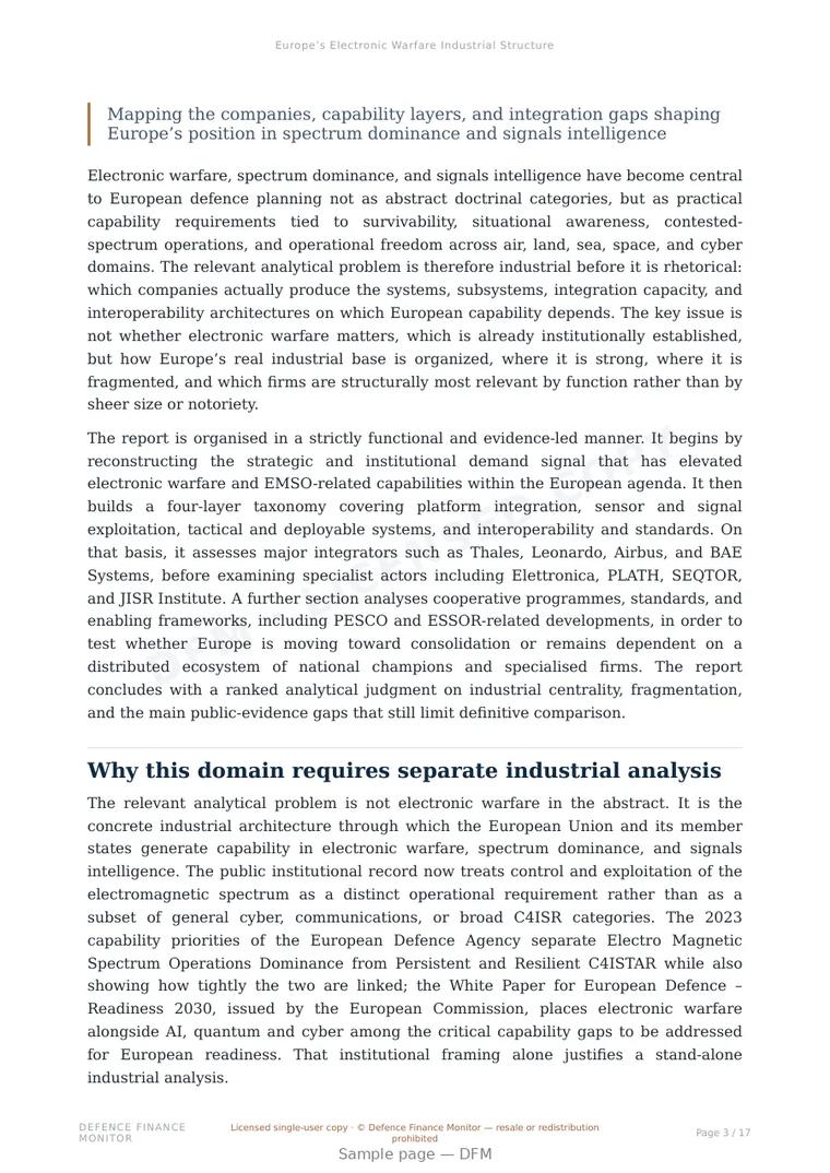 Sample page from “Europe’s Electronic Warfare Industrial Structure” — 18-page report