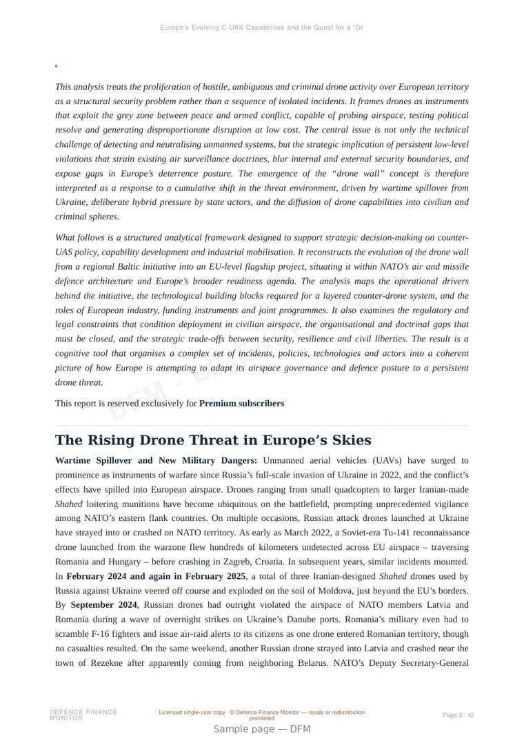 Sample page from “Europe’s Evolving C-UAS Capabilities and the Quest for a “Drone Wall”” — 43-page report