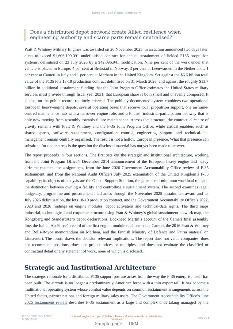 Sample page from “Europe’s F135 Repair Geography” — 18-page report