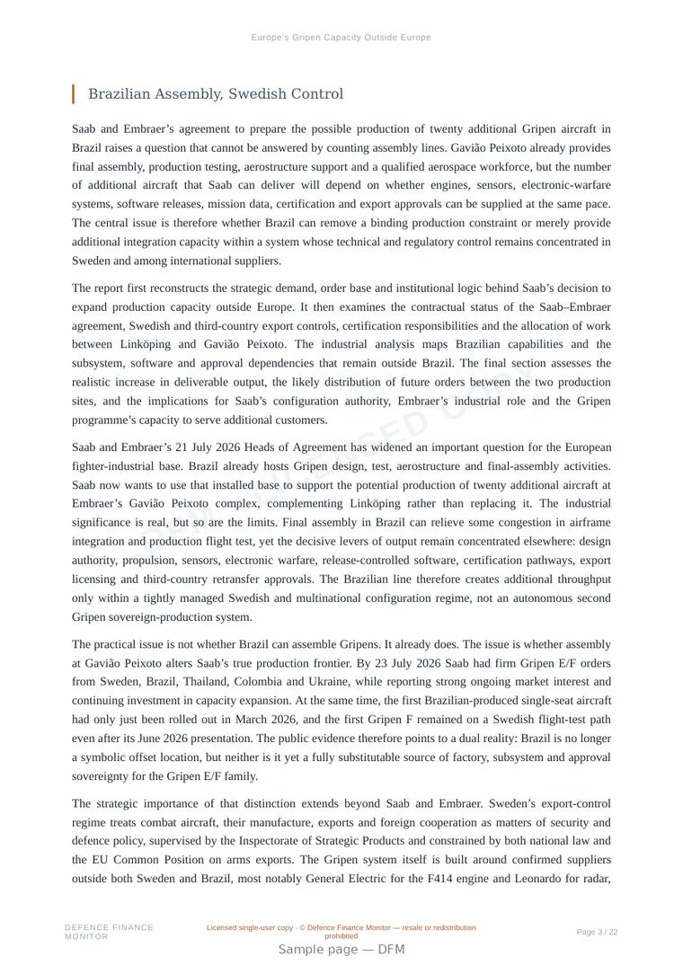 Sample page from “Europe’s Gripen Capacity Outside Europe” — 23-page report