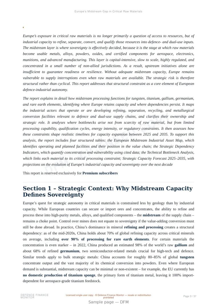 Sample page from “Europe’s Midstream Gap in Critical Raw Materials” — 38-page report