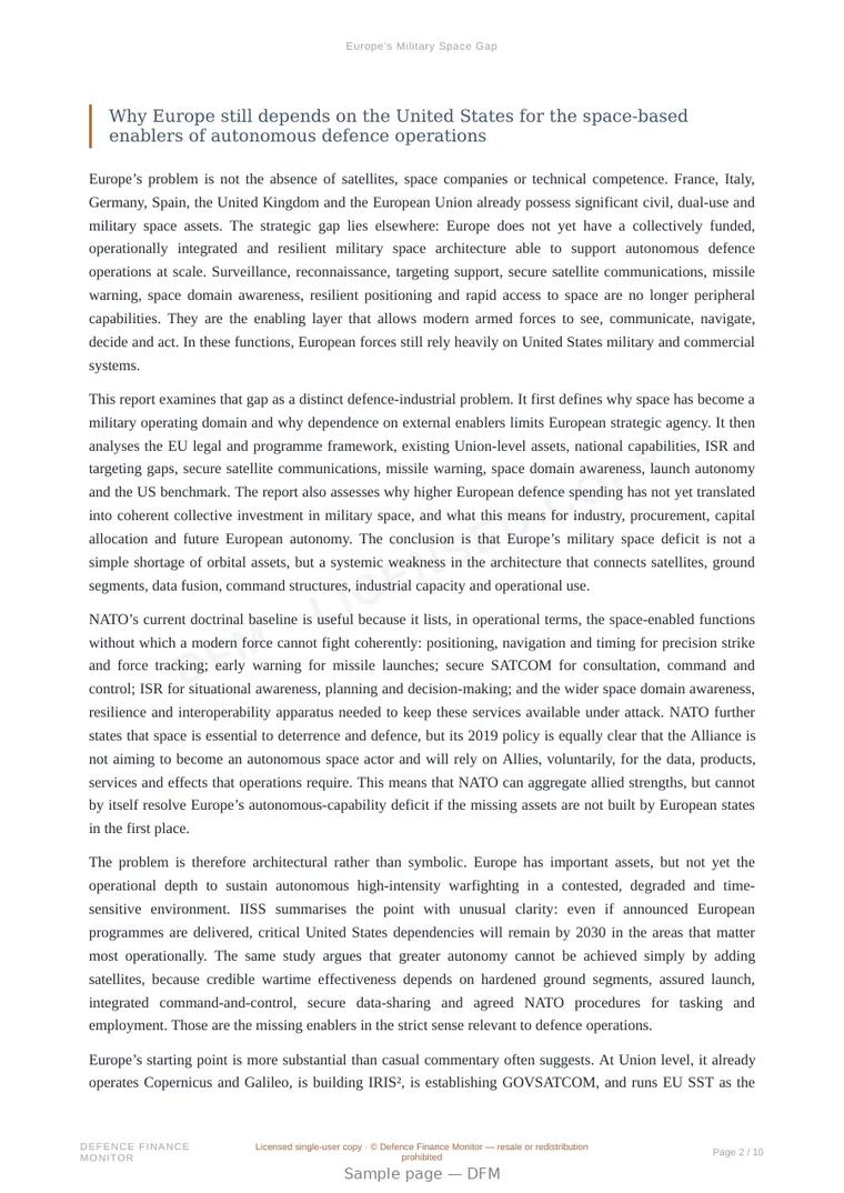 Sample page from “Europe’s Military Space Gap” — 11-page report