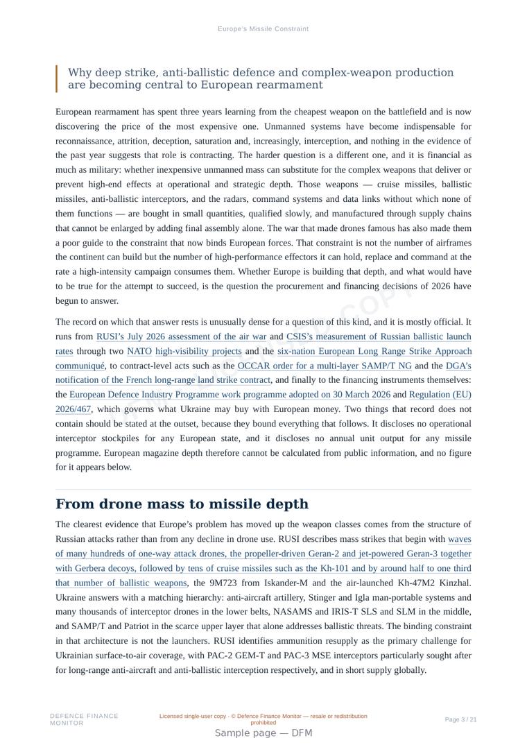 Sample page from “Europe’s Missile Constraint” — 22-page report