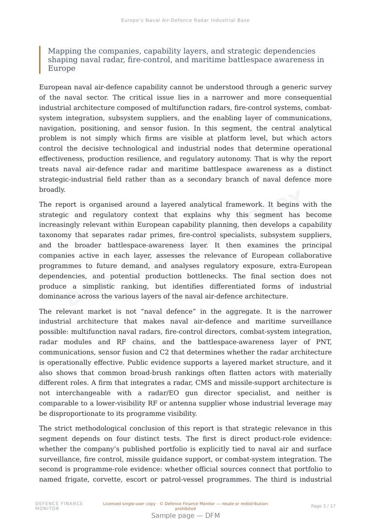 Sample page from “Europe’s Naval Air-Defence Radar Industrial Base” — 18-page report