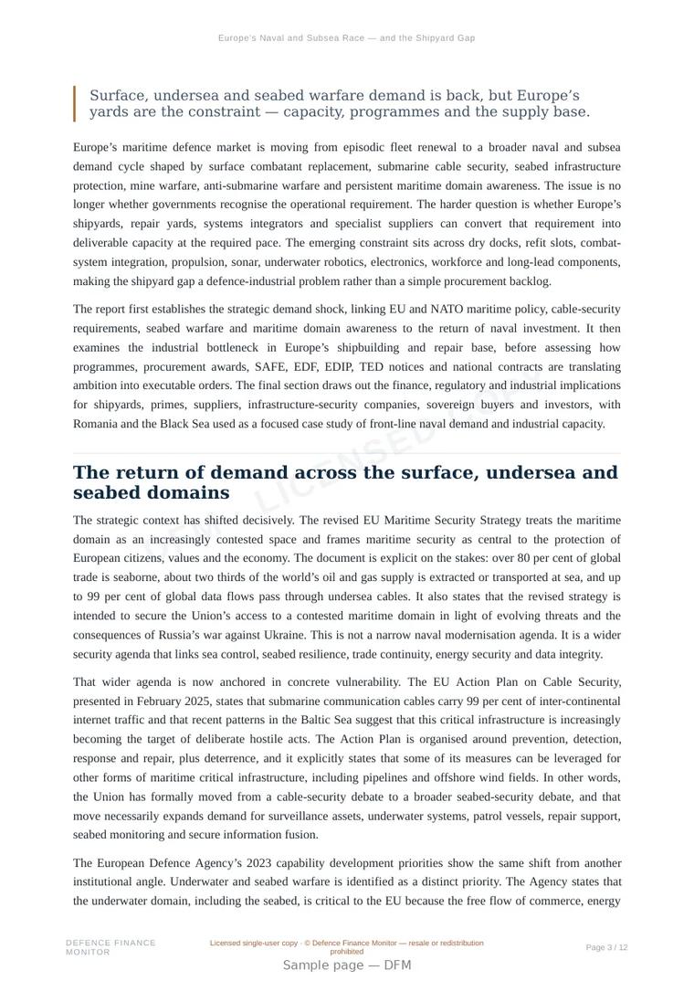 Sample page from “Europe’s Naval and Subsea Race — and the Shipyard Gap” — 13-page report