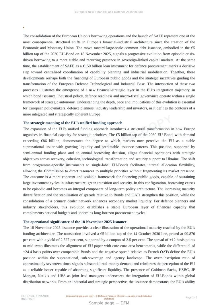Sample page from “Europe’s New Financial and Defence Architecture” — 6-page report