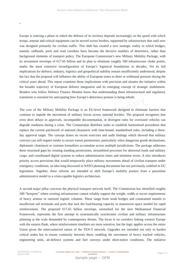 Sample page from “Europe’s New Mobility Architecture: The Infrastructure Behind Deterrence” — 6-page report