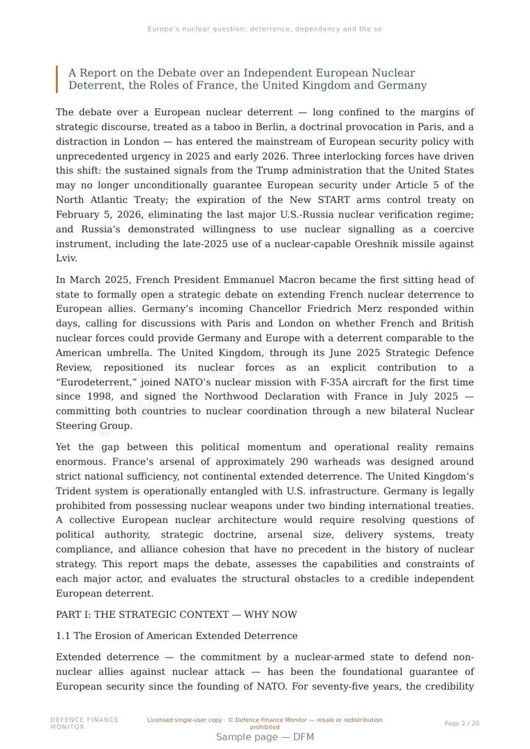 Sample page from “Europe’s nuclear question: deterrence, dependency and the search for strategic sovereignty” — 21-page report