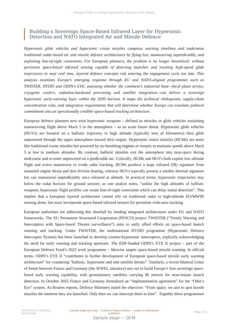 Sample page from “Europe’s Plan to Detect Hypersonic Missiles from Space” — 9-page report