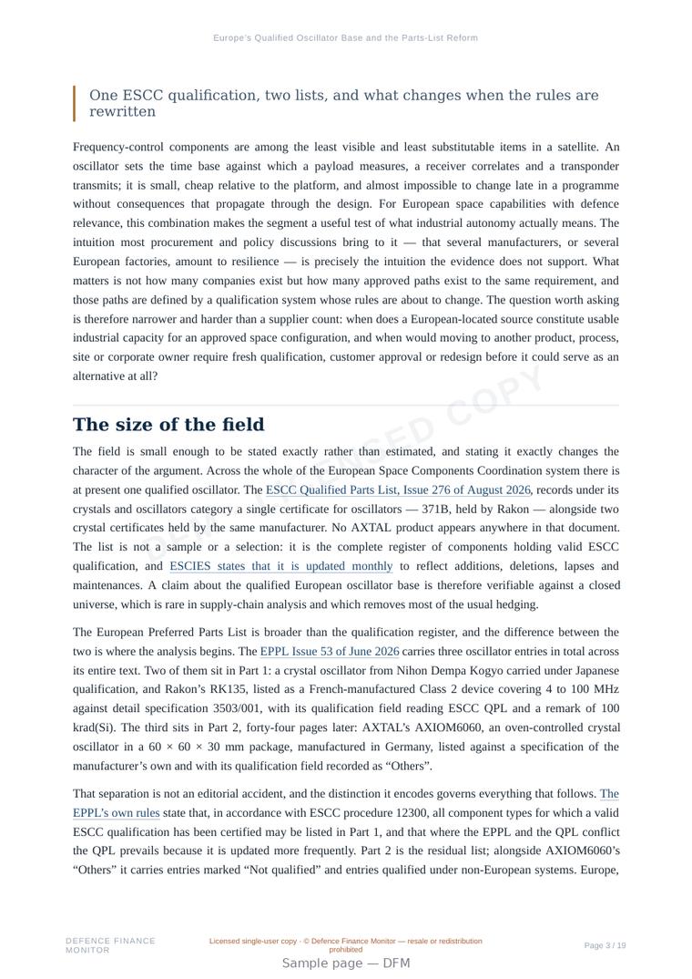 Sample page from “Europe’s Qualified Oscillator Base and the Parts-List Reform” — 20-page report