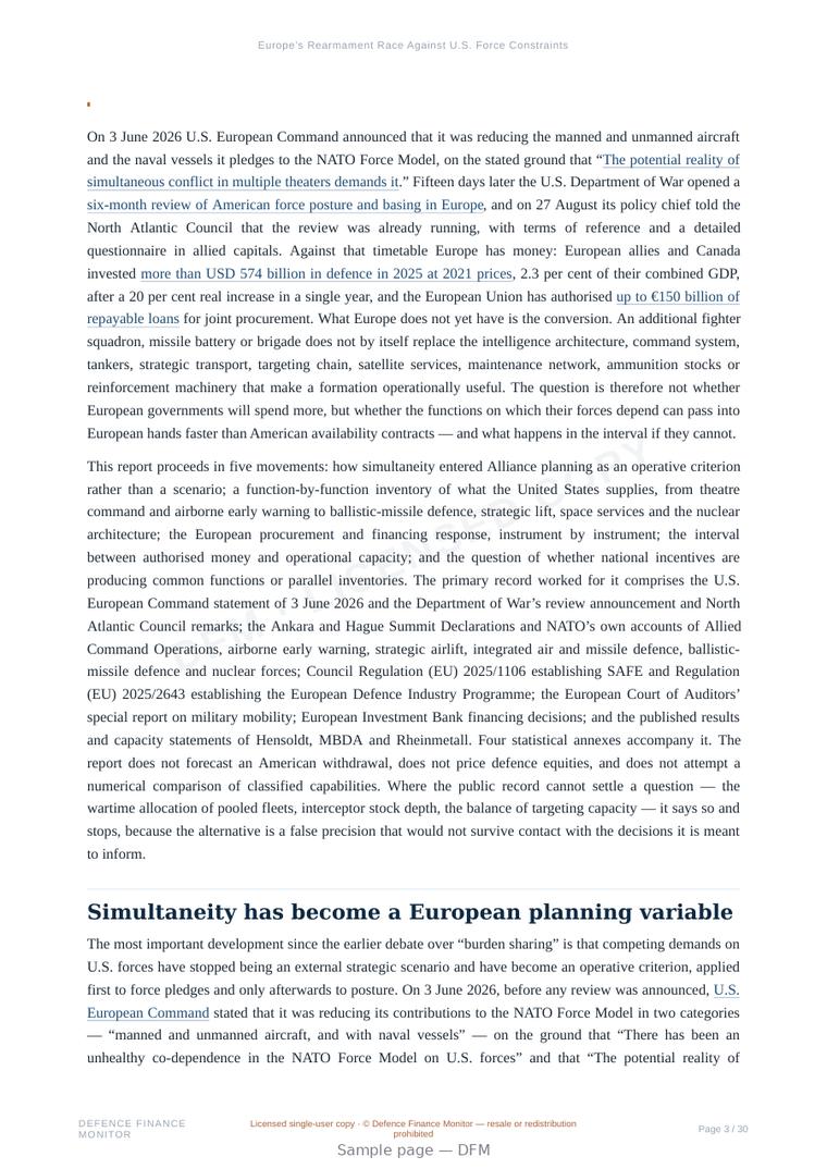 Sample page from “Europe’s Rearmament Race Against U.S. Force Constraints” — 31-page report