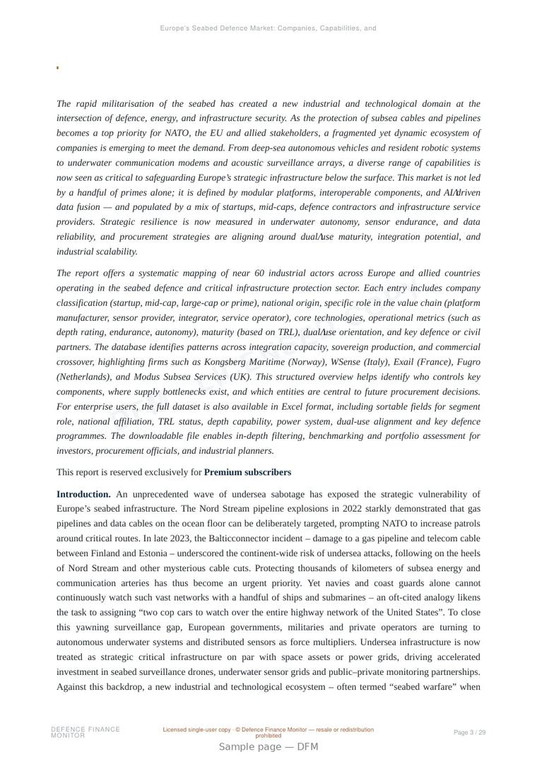 Sample page from “Europe’s Seabed Defence Market: Companies, Capabilities, and Strategic Relevance” — 30-page report