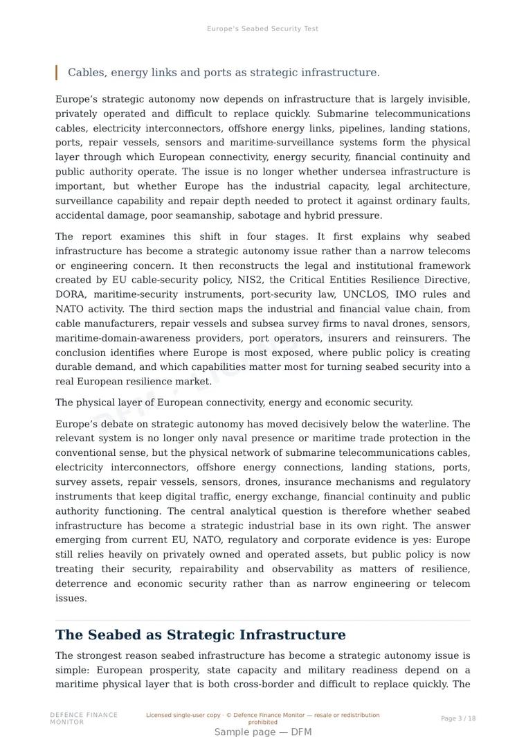 Sample page from “Europe’s Seabed Security Test” — 19-page report