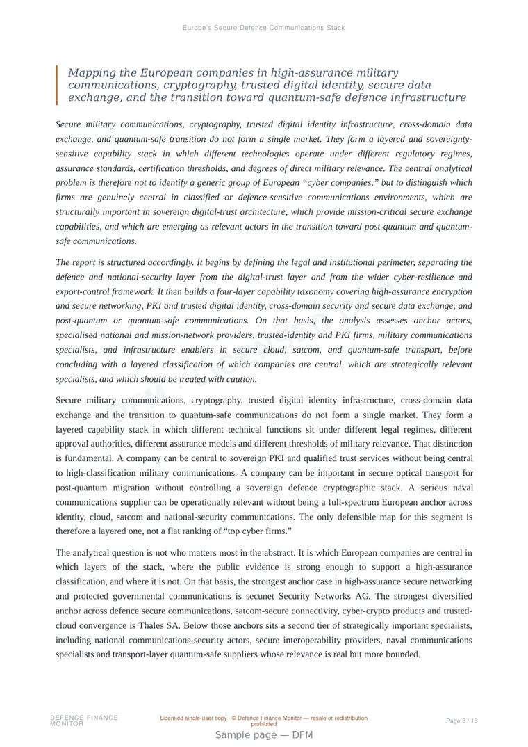 Sample page from “Europe’s Secure Defence Communications Stack” — 16-page report
