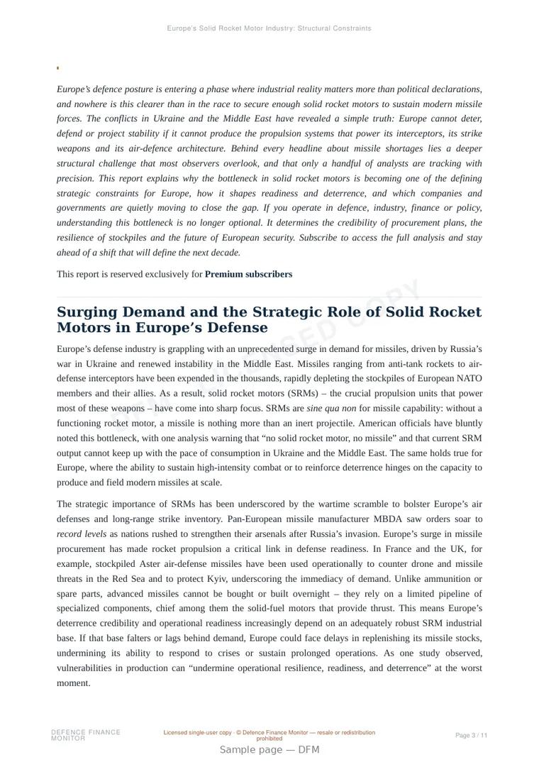 Sample page from “Europe’s Solid Rocket Motor Industry: Structural Constraints and Strategic Consequences” — 12-page report