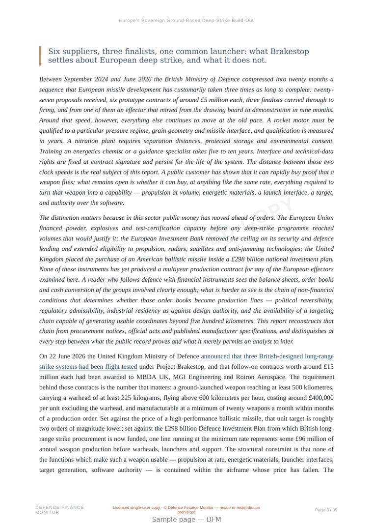 Sample page from “Europe’s Sovereign Ground-Based Deep-Strike Build-Out” — 40-page report
