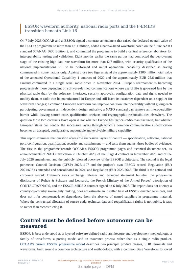 Sample page from “Europe’s Tactical Communications Layer: Control Without Ownership” — 26-page report